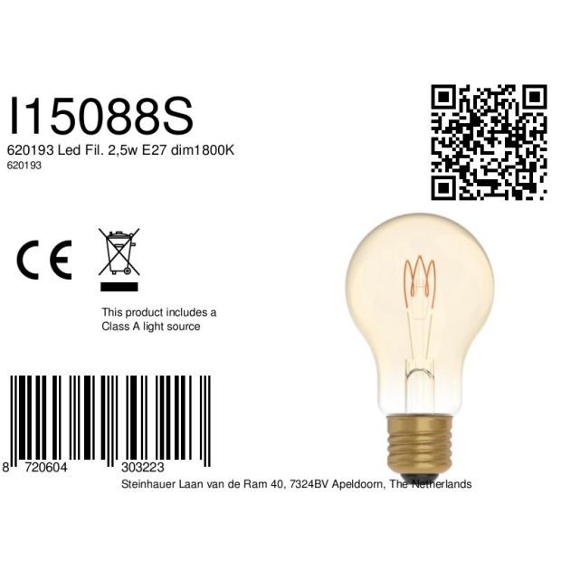 steinhauer Led filament lichtbron I15088S met E27 fitting - dimbaar - 1800K - 2.5W - 136 Lumen