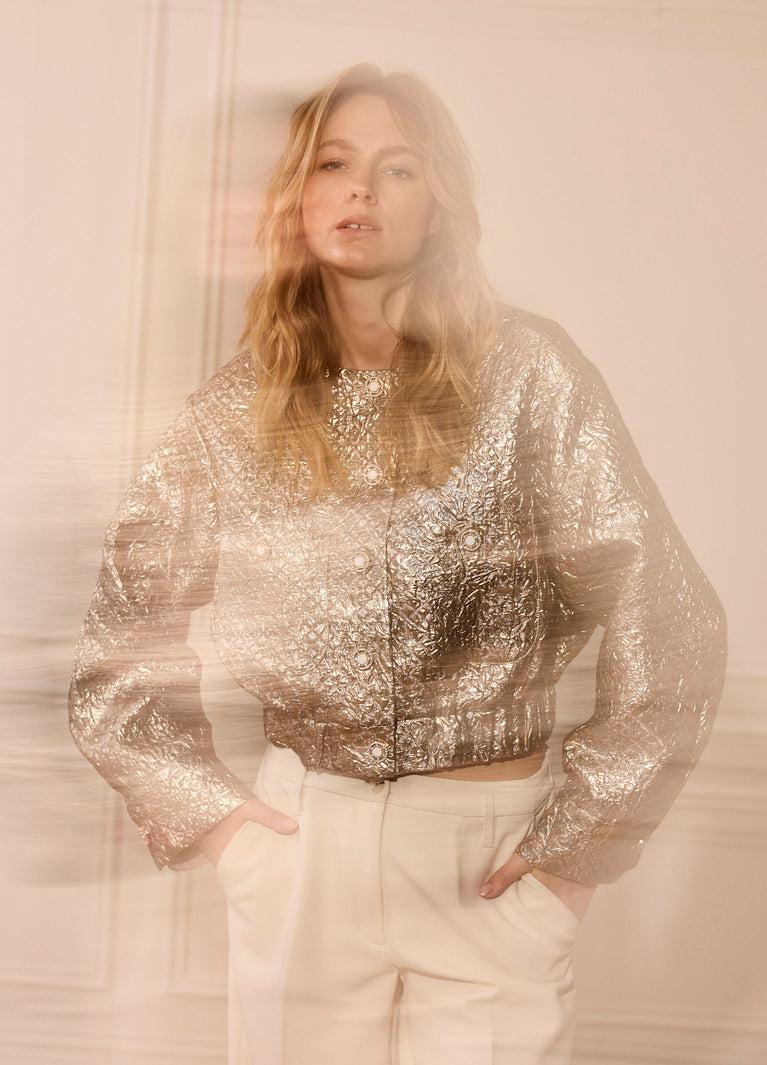 summum Kort goudkleurig jasje van glanzend geweven stof