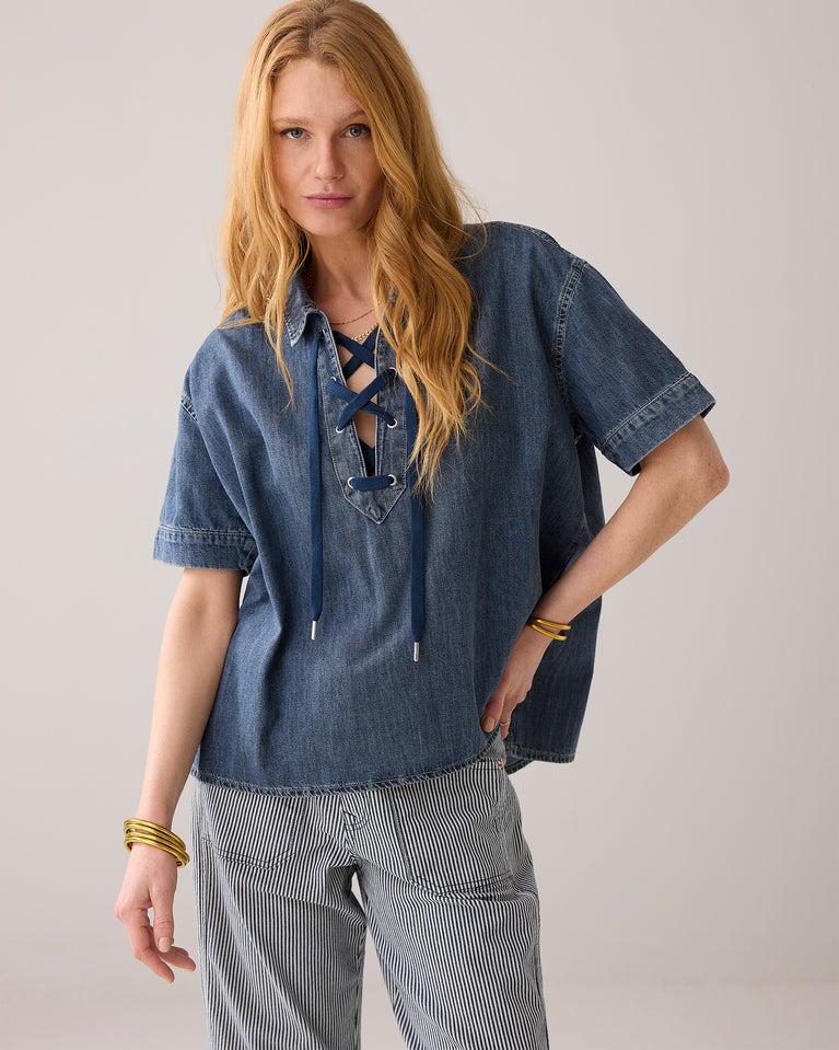 Summum Denim Top Met Vetersluiting