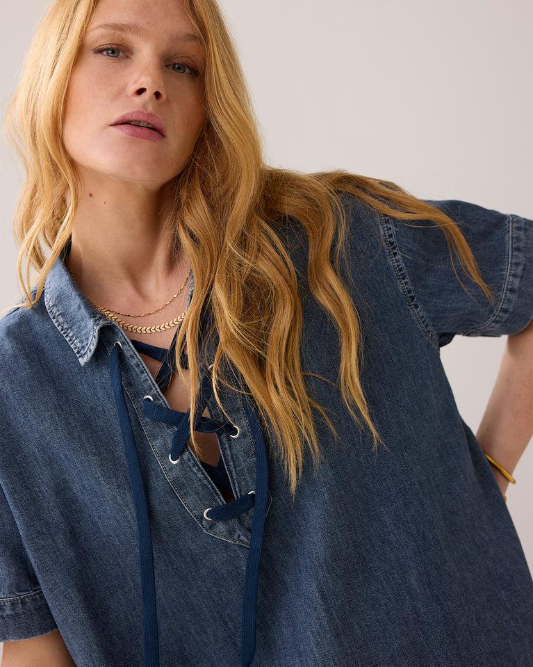 Summum Denim Top Met Vetersluiting
