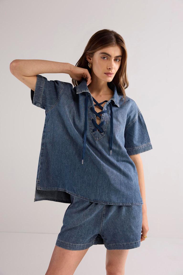 summum Denim top met vetersluiting