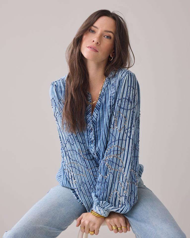 Summum Top Van Gestreepte Denim