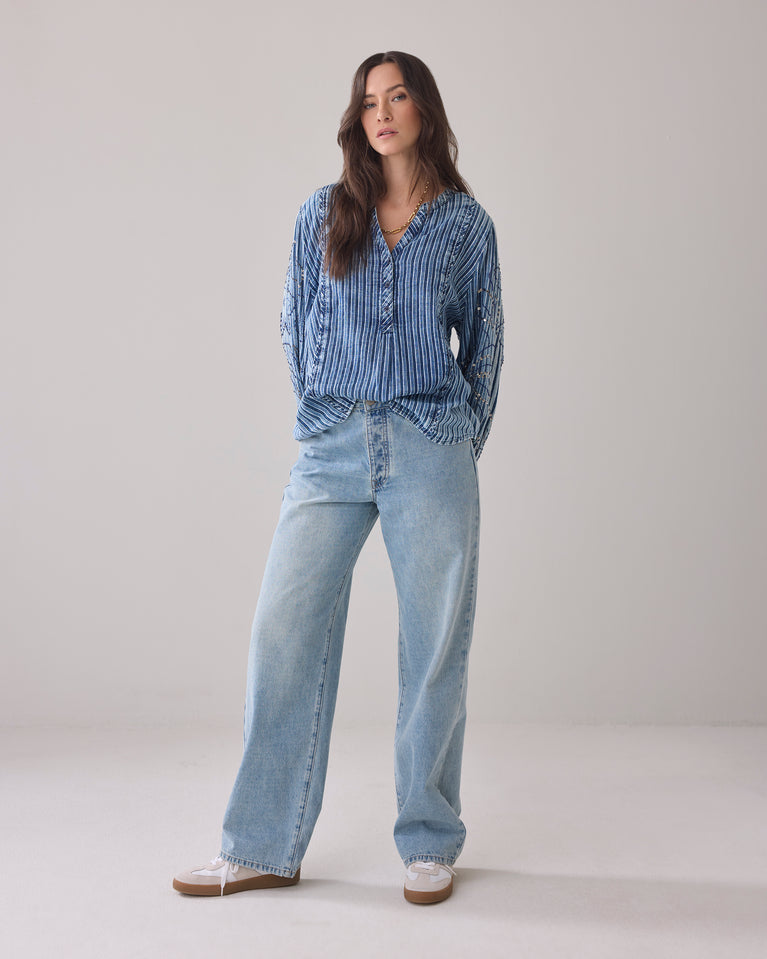 Summum Top Van Gestreepte Denim