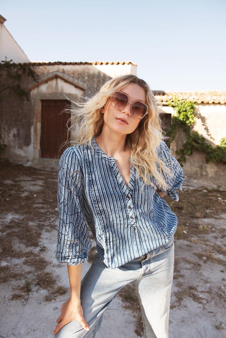 summum Top van gestreepte denim