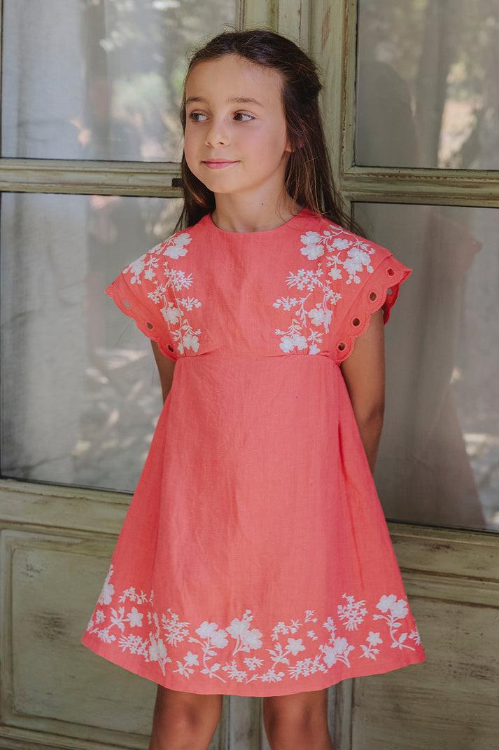 tartine et chocolat Jurk koraal Linnen Borduurwerk bloemrijk koraal