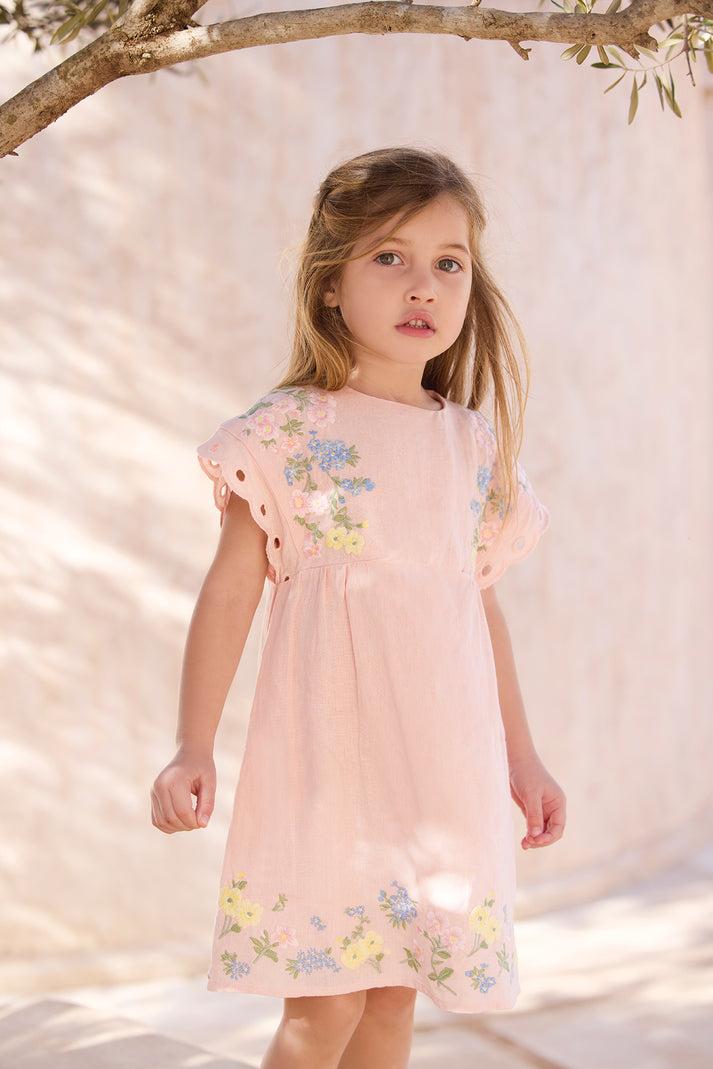 tartine et chocolat Jurk Penony Linnen Borduurwerk bloemrijk koraal