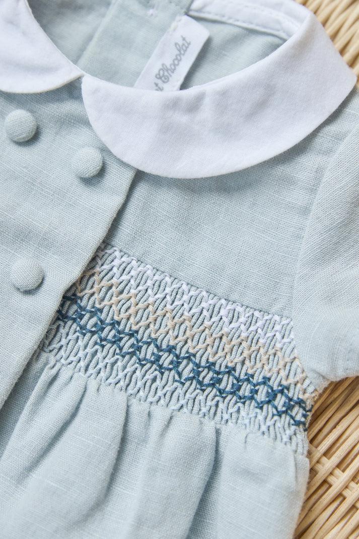 Tartine Et Chocolat Korte Combinatie Blauw Hemel- Linnen Geborduurde Blauw Hemel