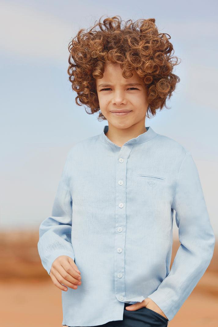 tartine et chocolat Shirt Blauw Grijse Linnen Mao kraag Blauw Grijse