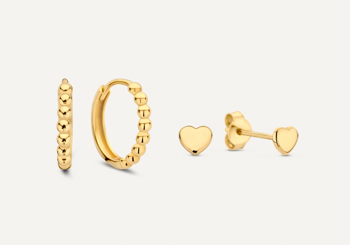 tov essentials Bolletjes Hart Oorbellen Set 14 Karaat Goud tov essentials Bolletjes Hart Oorbellen Set 14 Karaat Goud