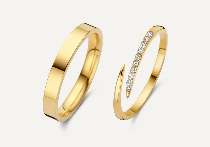 tov essentials Brede Claw Zirkonia Ringen Set 14 Karaat Goud