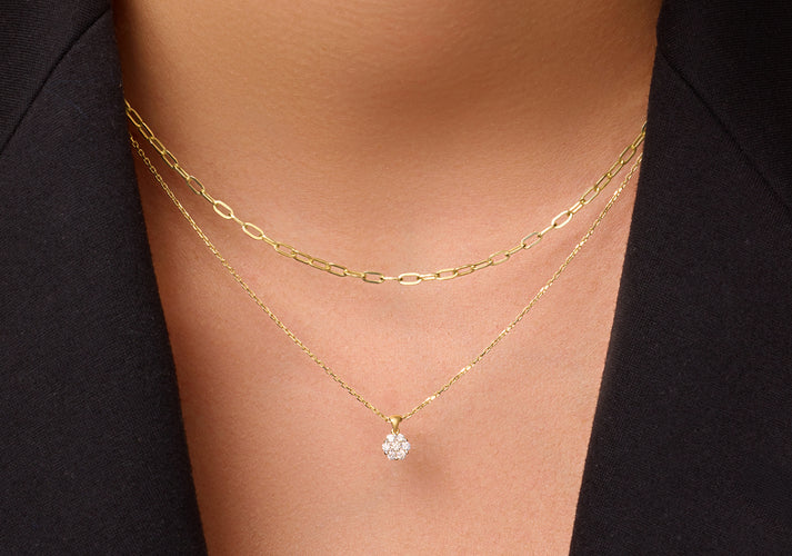 Tov Essentials Diamant Cluster Linked Pendant Ketting (0.15 Ct) 14 Karaat Goud Met Diamanten