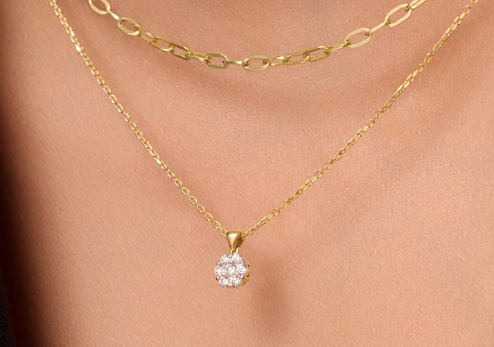 Tov Essentials Diamant Cluster Linked Pendant Ketting (0.15 Ct) 14 Karaat Goud Met Diamanten