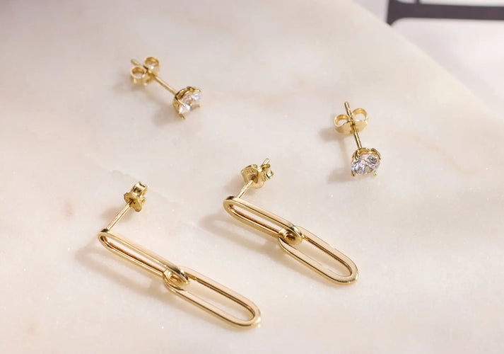 Tov Essentials Dubbele Paperclip Zirkonia Oorbellen Set 14 Karaat Goud