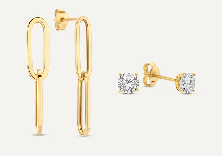 tov essentials Dubbele Paperclip Zirkonia Oorbellen Set 14 Karaat Goud