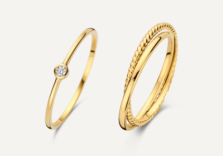 tov essentials Duo Gedraaide Zirkonia Ringen Set 14 Karaat Goud