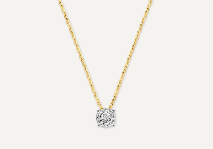 tov essentials Four Prong Diamant Halo Pendant Ketting (0.05 ct) 14 Karaat Goud met Diamanten