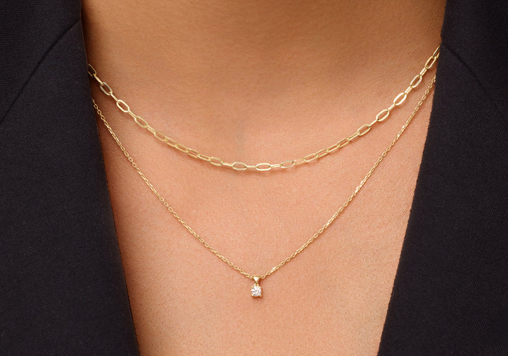 Tov Essentials Four Prong Diamant Linked Pendant Ketting (0.08 Ct) 14 Karaat Goud Met Diamant