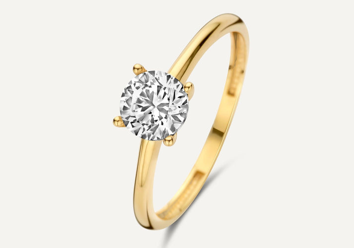 tov essentials Four Prong Round Cut Zirkonia Ring 14 Karaat Goud