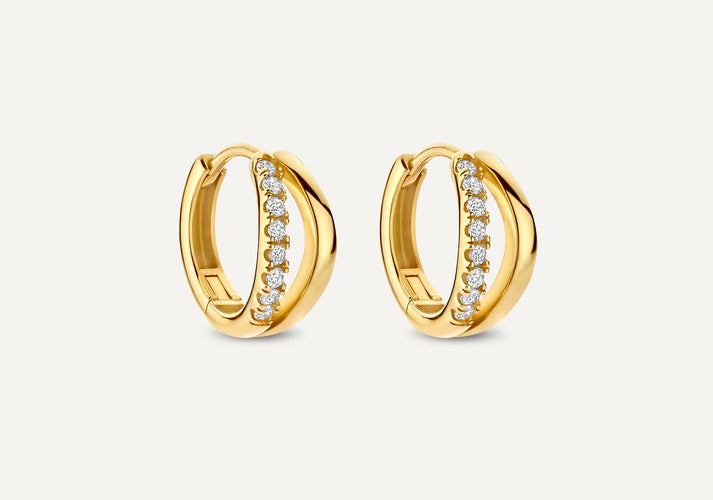 tov essentials Pavé Zirkonia Dubbele Huggie Hoops (12mm) 14 Karaat Goud