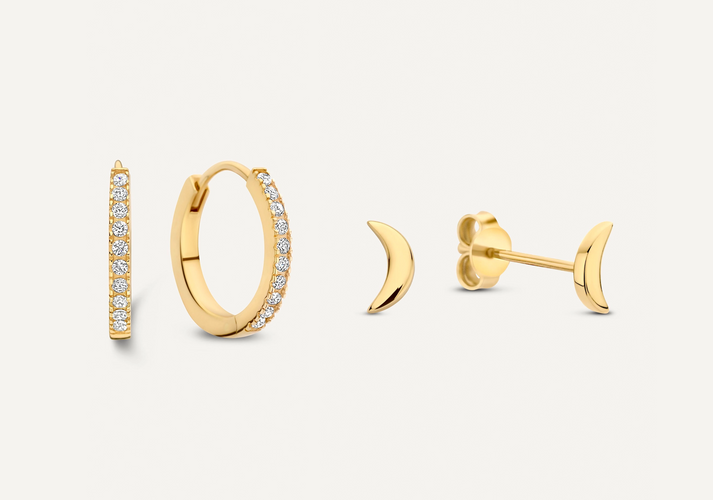 tov essentials Pavé Zirkonia Maan Oorbellen Set 14 Karaat Goud