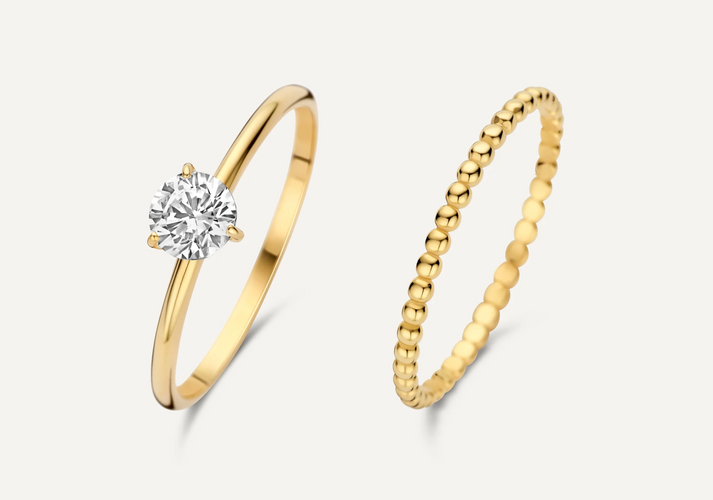 tov essentials Prong Bolletes Zirkonia Ringen Set 14 Karaat Goud