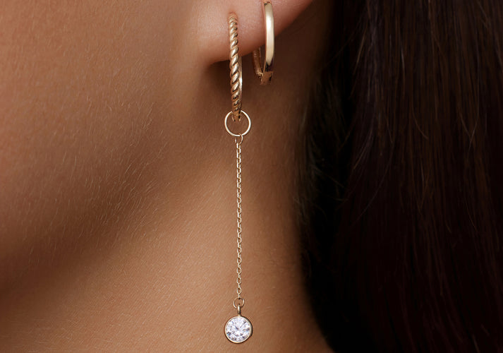 Tov Essentials Round Cut Zirkonia Lange Oorbel Bedel 14 Karaat Goud