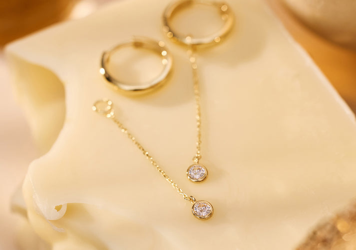 Tov Essentials Round Cut Zirkonia Lange Oorbel Bedel 14 Karaat Goud