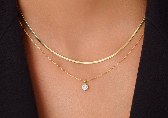 Tov Essentials Six Prong Diamant Cluster Linked Pendant Ketting (0.10 Ct) 14 Karaat Goud Met Diamanten