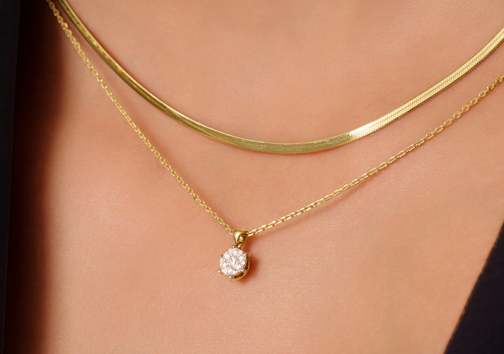 Tov Essentials Six Prong Diamant Cluster Linked Pendant Ketting (0.10 Ct) 14 Karaat Goud Met Diamanten