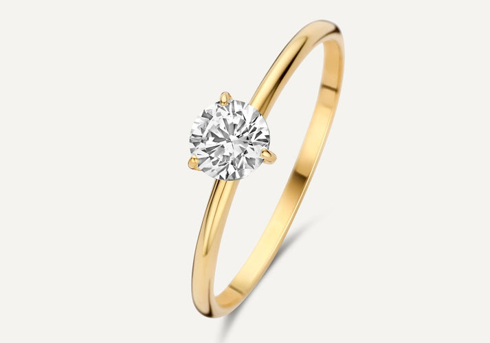 tov essentials Three Prong Round Cut Zirkonia Ring 14 Karaat Goud