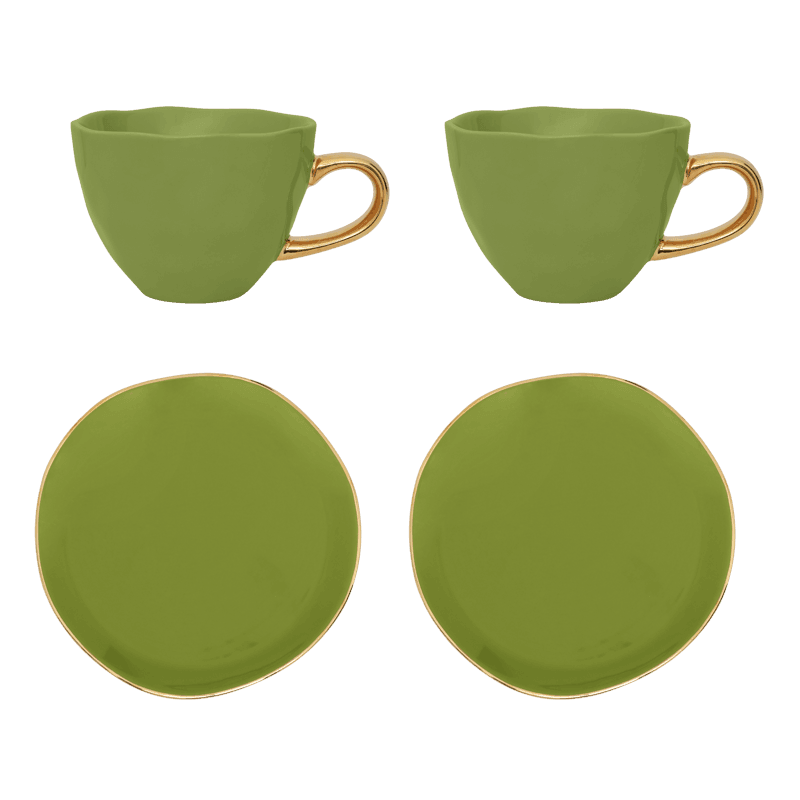 Urban Nature Culture Good Morning Kopje Cappuccino/Tea And Bord Evergreen Sprig Set Of 4 In Geschenkverpakking
