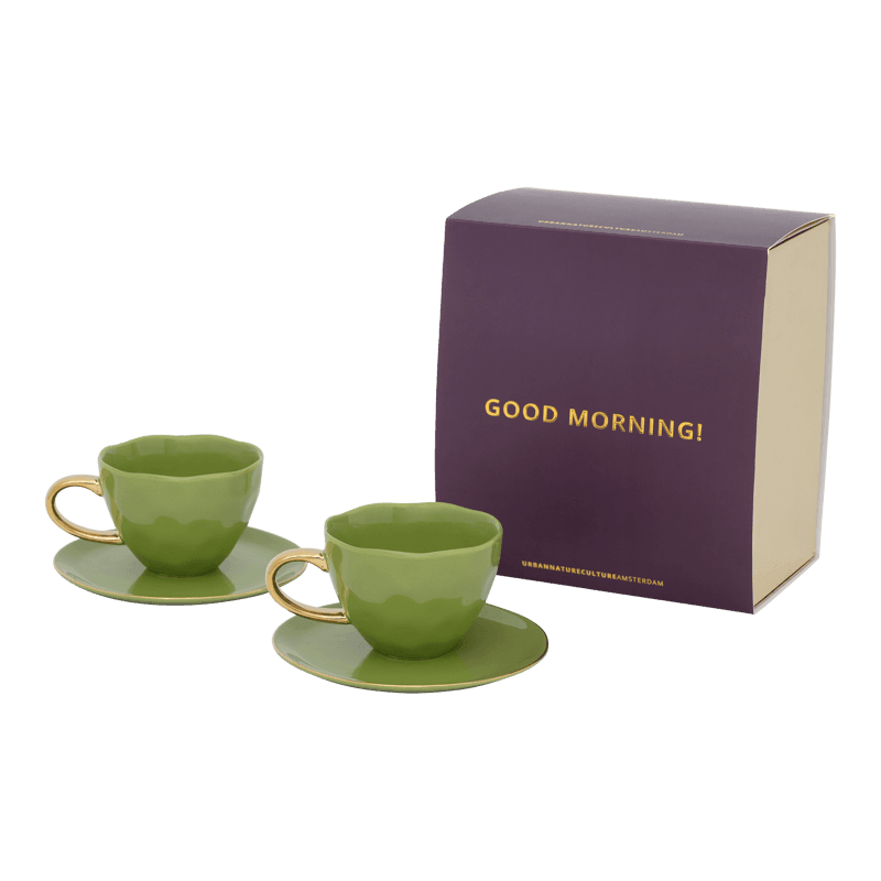 urban nature culture Good Morning Kopje Cappuccino/Tea and bord evergreen sprig set of 4 in geschenkverpakking