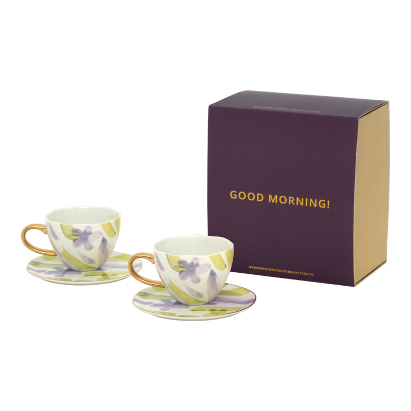 urban nature culture Good Morning kopje Cappuccino/Tea en bord liatris/Kusha set van 4 in cadeauverpakking