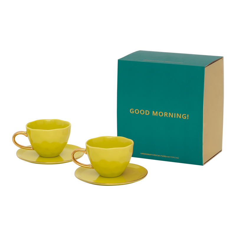 urban nature culture Good Morning kopje Cappuccino/Tea en bord liatris/lime light set van 4 in cadeauverpakking