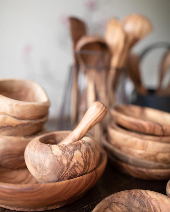 van verre Olijfhout vijzel en stamper L 12cm