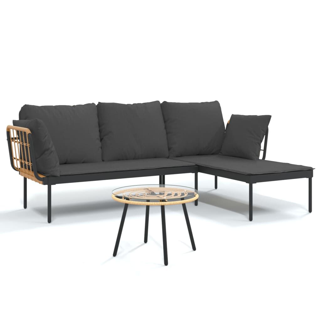 vidaxl vidaXL 3-delige Loungeset met kussens poly rattan donkergrijs