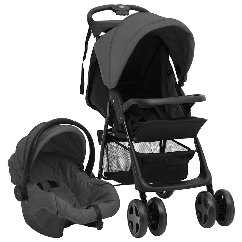 vidaxl vidaXL Kinderwagen 3-in-1 staal donkergrijs en zwart