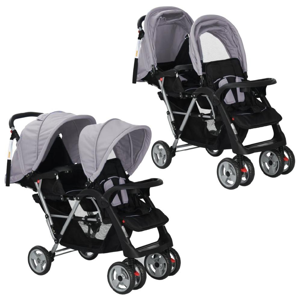 vidaxl vidaXL Kinderwagen dubbel staal grijs en zwart