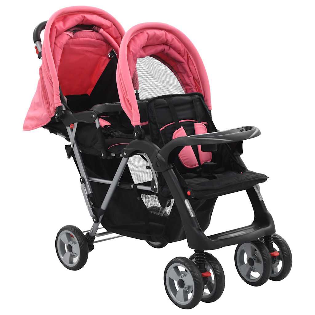 Vidaxl VidaXL Kinderwagen Dubbel Staal Roze En Zwart