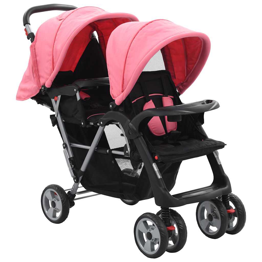 vidaxl vidaXL Kinderwagen dubbel staal roze en zwart