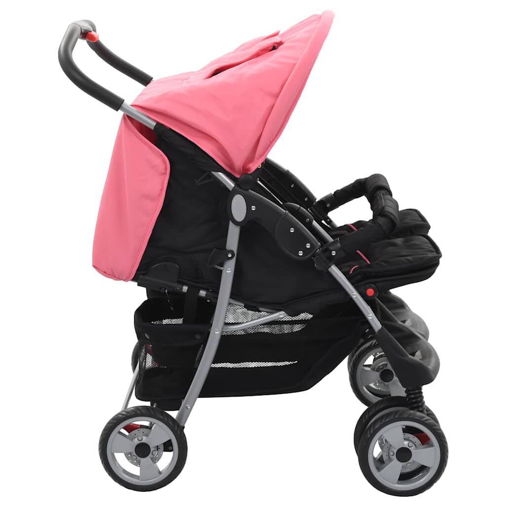 Vidaxl VidaXL Tweelingkinderwagen Staal Roze En Zwart