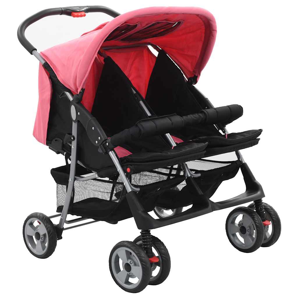 Vidaxl VidaXL Tweelingkinderwagen Staal Roze En Zwart