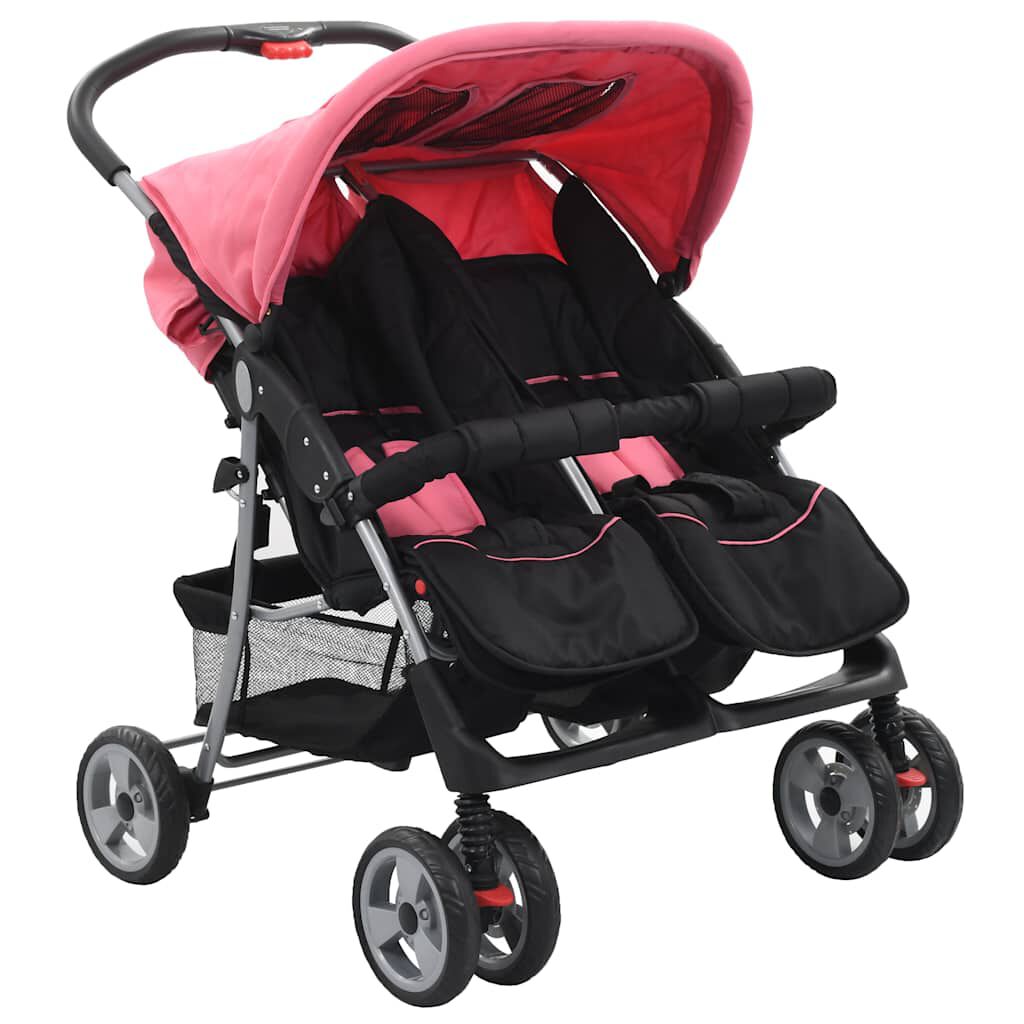 vidaxl vidaXL Tweelingkinderwagen staal roze en zwart