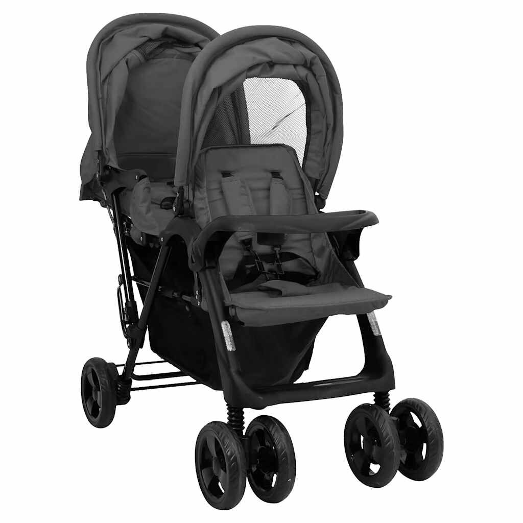 Vidaxl VidaXL Tweelingkinderwagen Tandem Staal Donkergrijs
