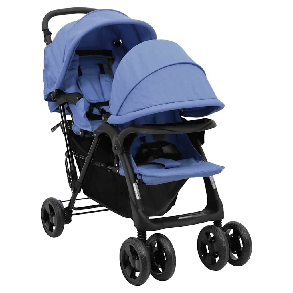 vidaxl vidaXL Tweelingkinderwagen tandem staal marineblauw
