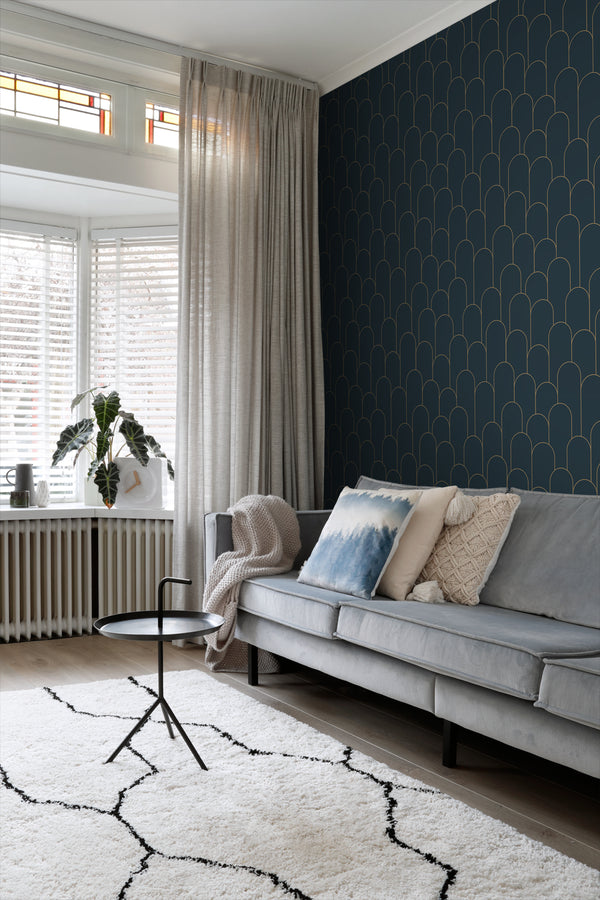 Vtwonen ESTAhome Behang Art Deco Motief Donkerblauw En Goud - 50 X 900 Cm - 139657