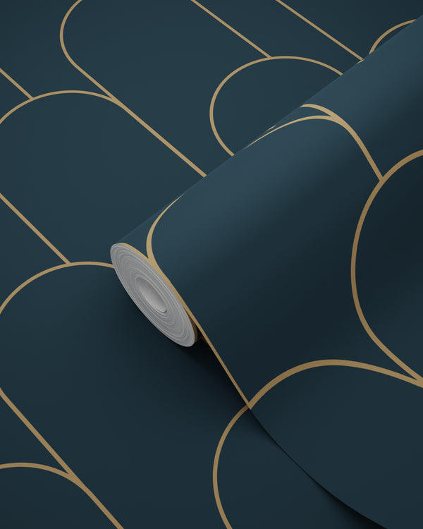 Vtwonen ESTAhome Behang Art Deco Motief Donkerblauw En Goud - 50 X 900 Cm - 139657