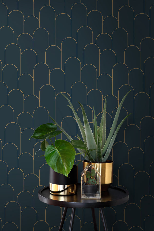 Vtwonen ESTAhome Behang Art Deco Motief Donkerblauw En Goud - 50 X 900 Cm - 139657