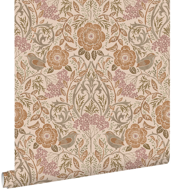 vtwonen ESTAhome behang bloemen en vogels in art nouveau stijl beige terracotta en oudroze - 0.53 x 10.05 m - 139567