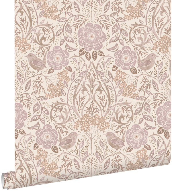 vtwonen ESTAhome behang bloemen en vogels zand beige en lila paars - 0.53 x 10.05 m - 139829